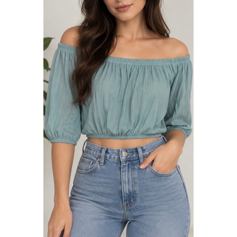Womens Off The Shoulder Crop Top Sage Green